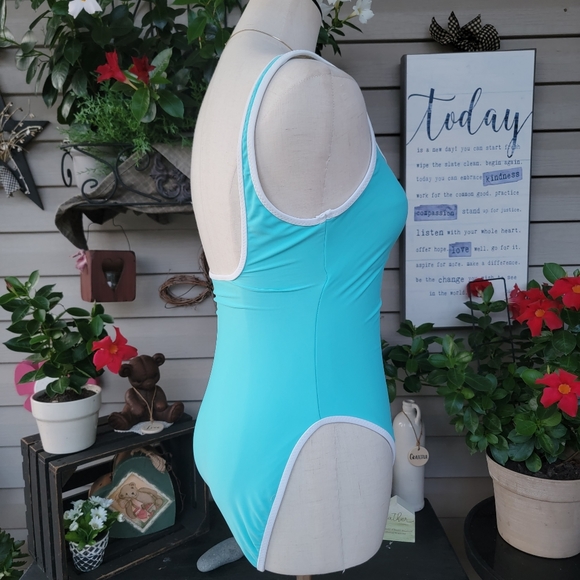 LA BLANCA ♡ Gorgeous Vintage 1pc Aqua Blue 'n White Trim Bralette Swimsuit 8 - Picture 9 of 15